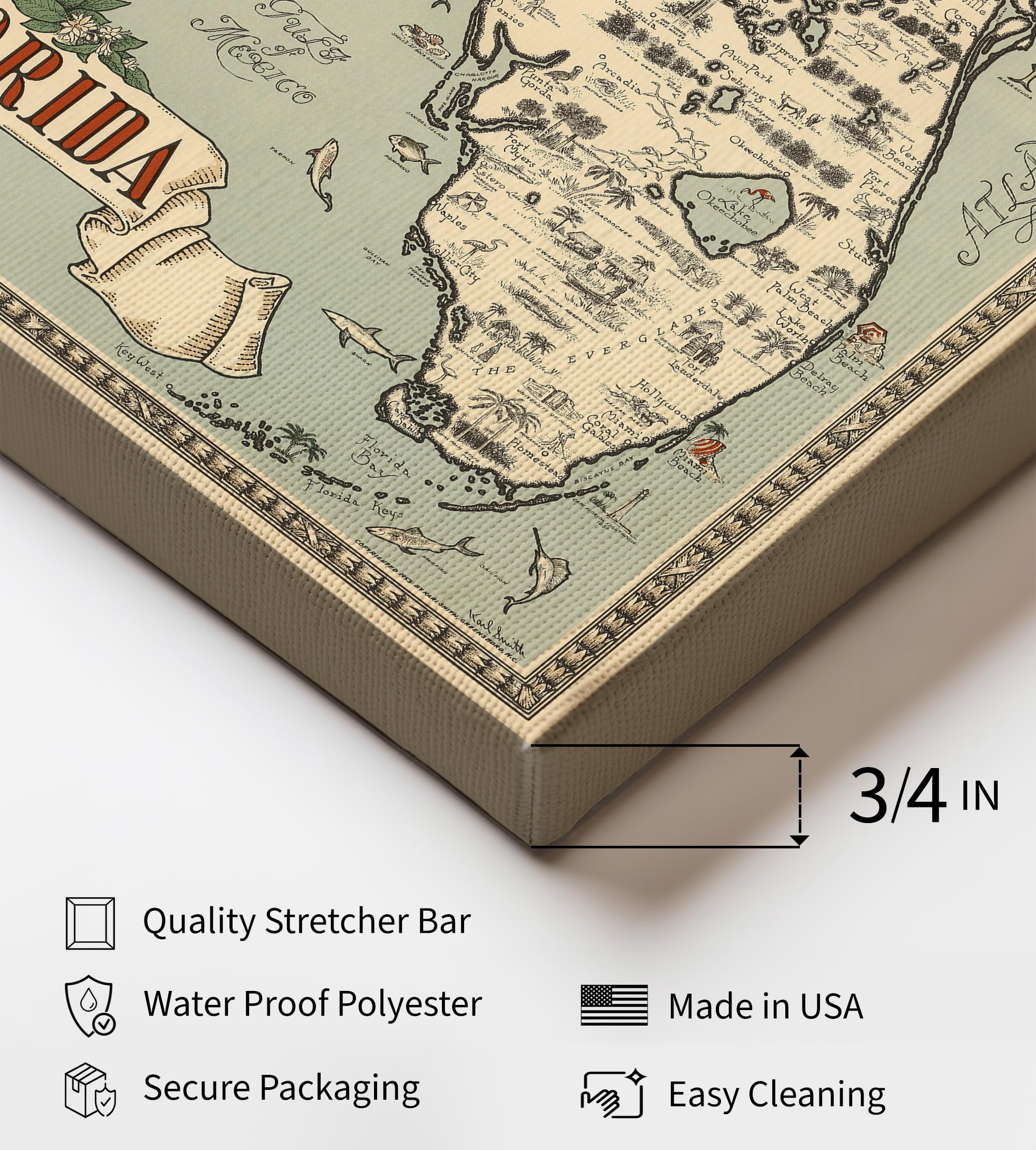 Monem Art Map Canvas - Retro Florida Print - Florida State Map Art - Gift for Men, Women, Travel Lover - Perfect Decor for Bedroom, Living Room, Office, Library - Available in 8x10 to 30x40 - Image 3