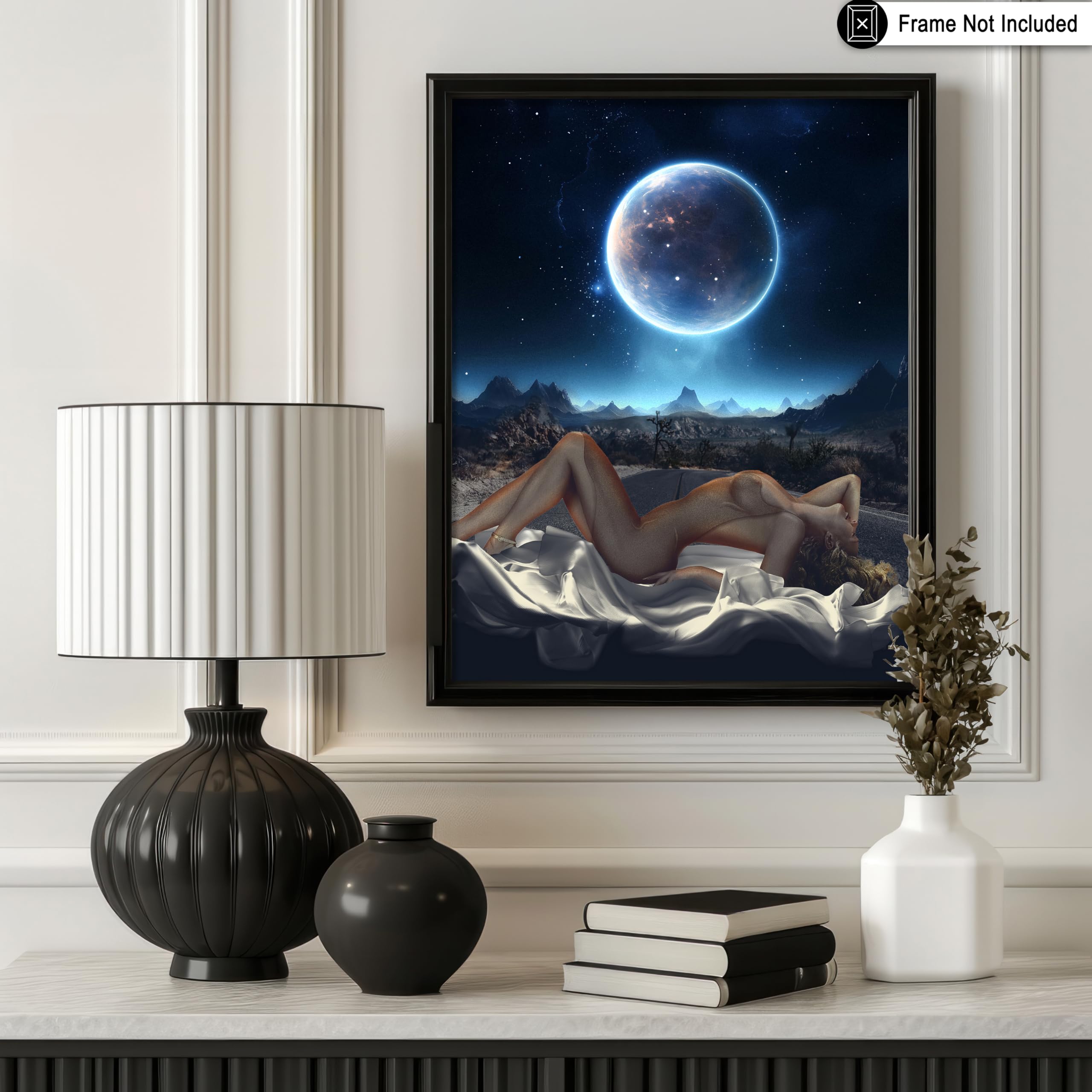 Monem Art Pin-Up Girl Print - Retro Space Poster - Surreal & Trippy Art - Moonlight Collage Wall Design - Moon Print - Aesthetic Bedroom, Office or Dorm Wall Decor - 8x10 UNFRAMED Wall Art - Image 3