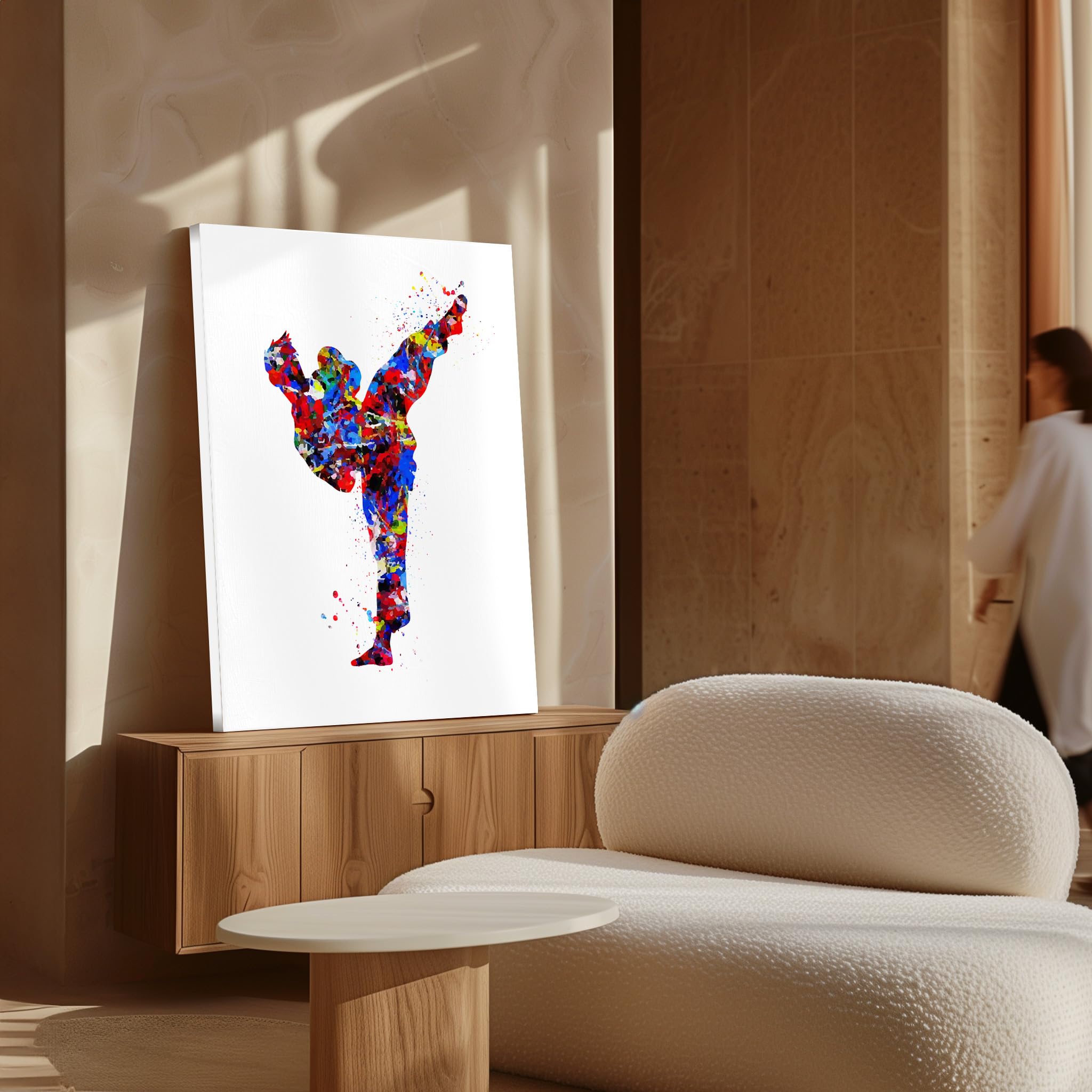 Monem Art Sports Canvas - Martial Arts Print - Taekwondo & Karate Art - Watercolor Silhouette Design - Abstract Standing Kick Art - Great Gym Wall Decor - Available in 8x10" to 30x40" - Image 4