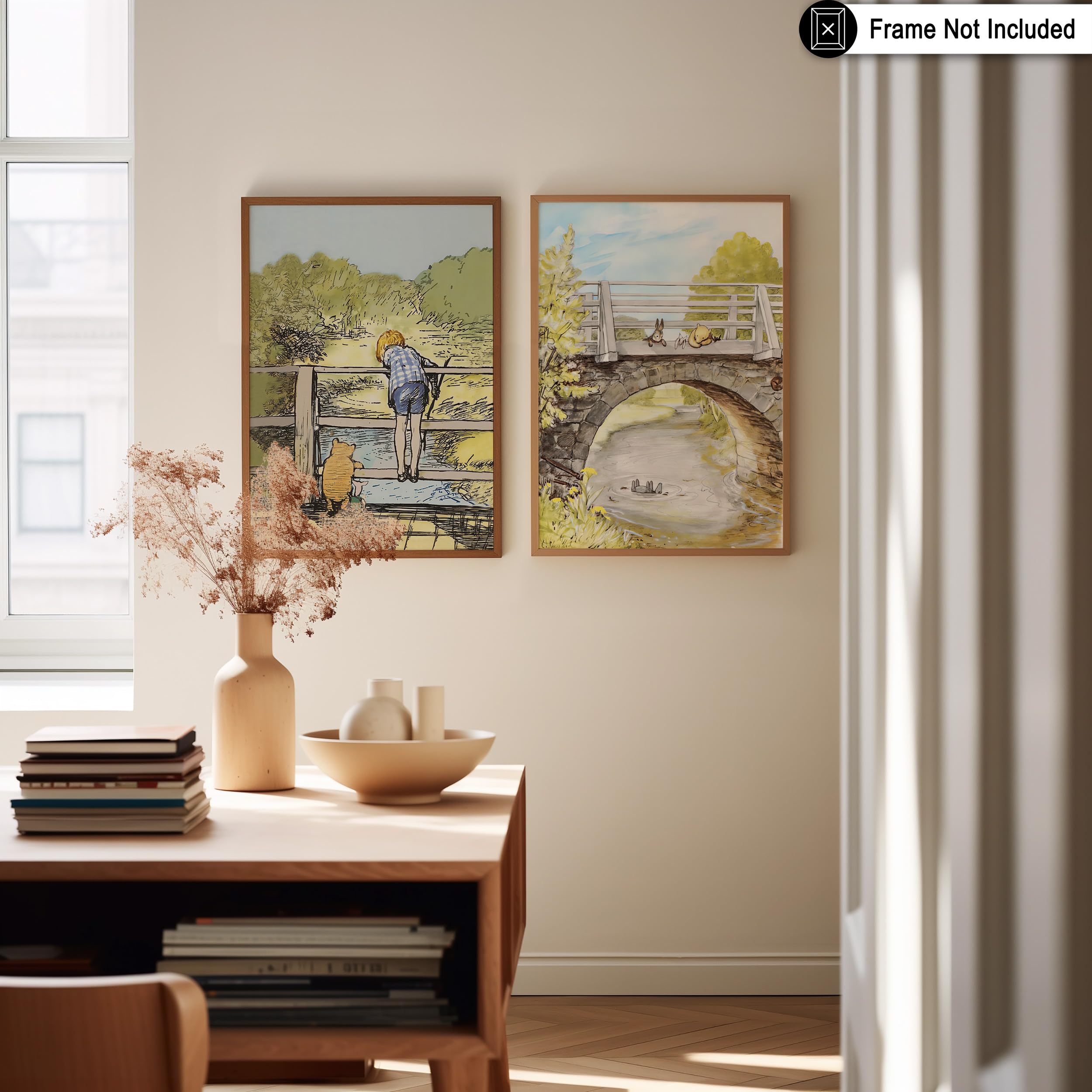 Monem Art Studio 2-Piece Vintage Winnie Pooh and Friends Poster - Winnie Pooh on Stone Bridge - Watercolor Art - Aesthetic Kids Room or Nursery Decor - 24x36 UNFRAMED Wall Art - Image 3