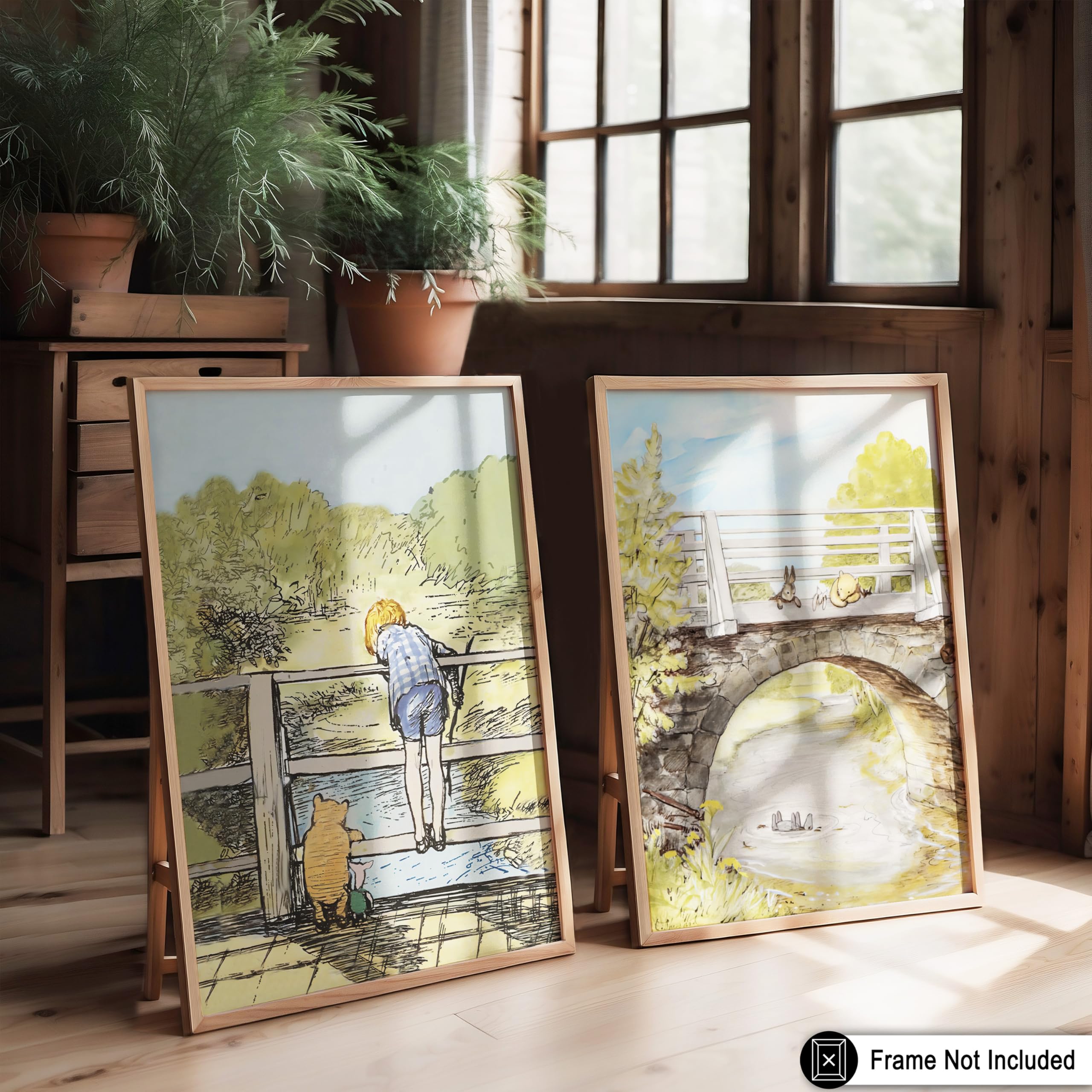 Monem Art Studio 2-Piece Vintage Winnie Pooh and Friends Poster - Winnie Pooh on Stone Bridge - Watercolor Art - Aesthetic Kids Room or Nursery Decor - 24x36 UNFRAMED Wall Art - Image 6