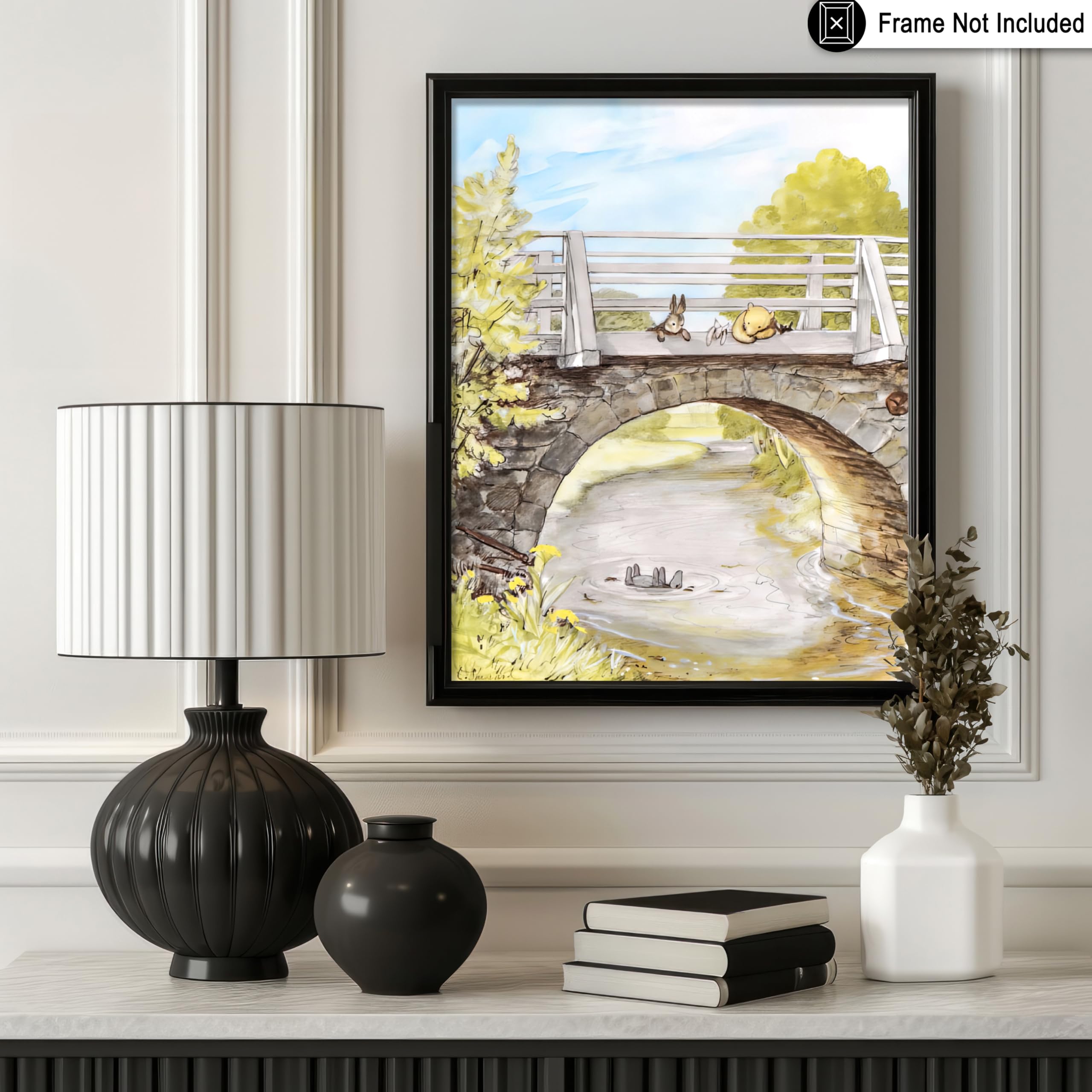 Monem Art Vintage Winnie Pooh and Friends Poster - Winnie Pooh on Stone Bridge Print - Story Book Art - Children Art - Watercolor Creation - Great Kid's Room Design - 8x10 UNFRAMED Wall Display - Image 3