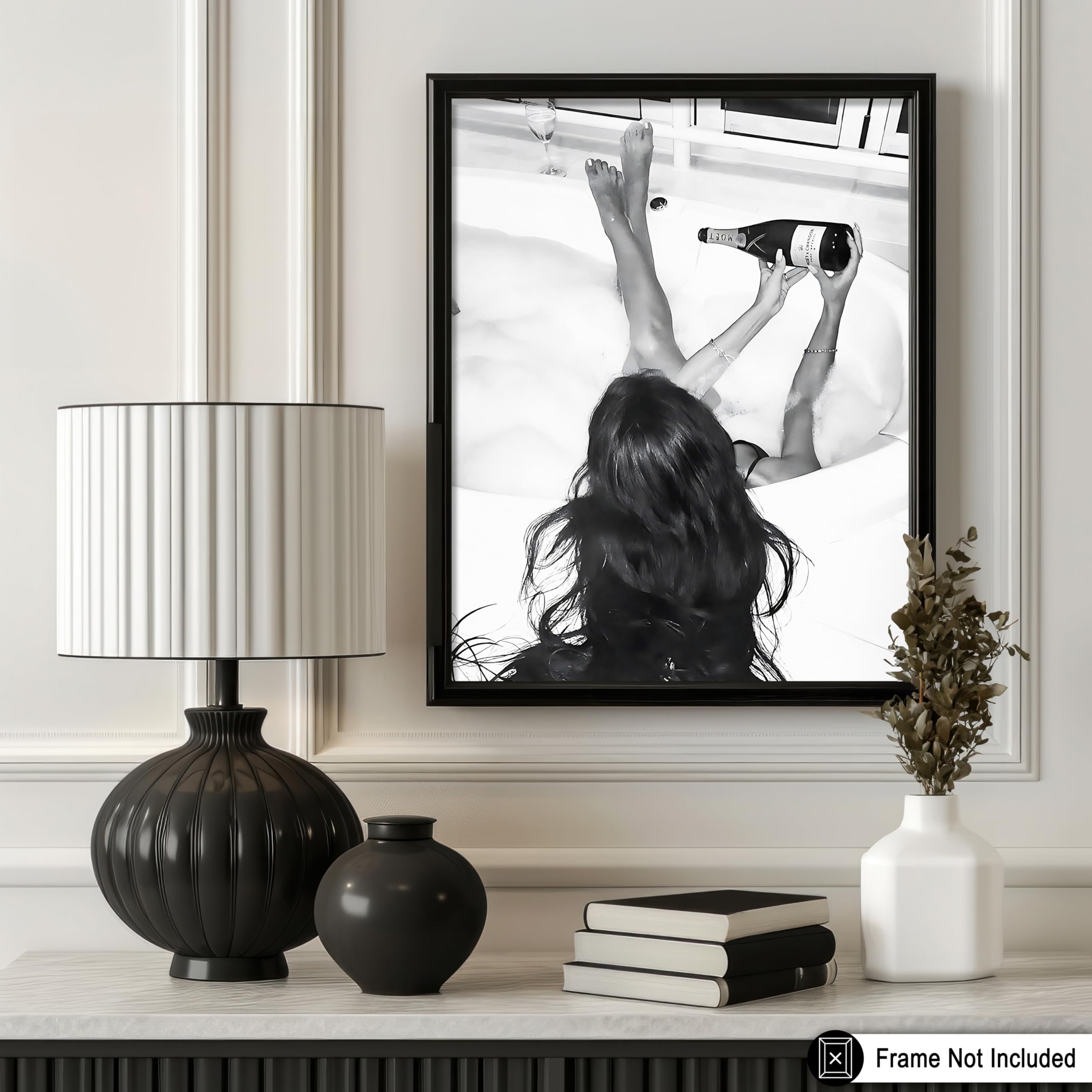 Monem Art Woman In Bathtub Poster - Pouring Champagne Print - Alcohol & Funky Art - Black and White Design - Photography Print - Chic Girl's Bedroom or Bathroom Wall Decor - 8x10 UNFRAMED Wall Art - Image 3